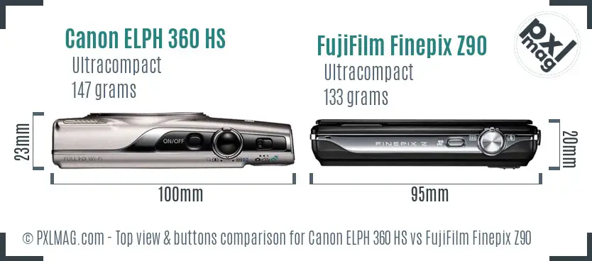 Canon ELPH 360 HS vs FujiFilm Finepix Z90 top view buttons comparison