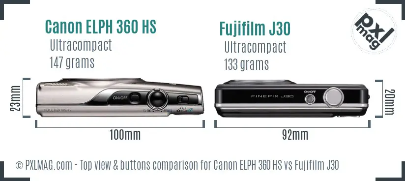 Canon ELPH 360 HS vs Fujifilm J30 top view buttons comparison