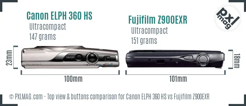 Canon ELPH 360 HS vs Fujifilm Z900EXR top view buttons comparison