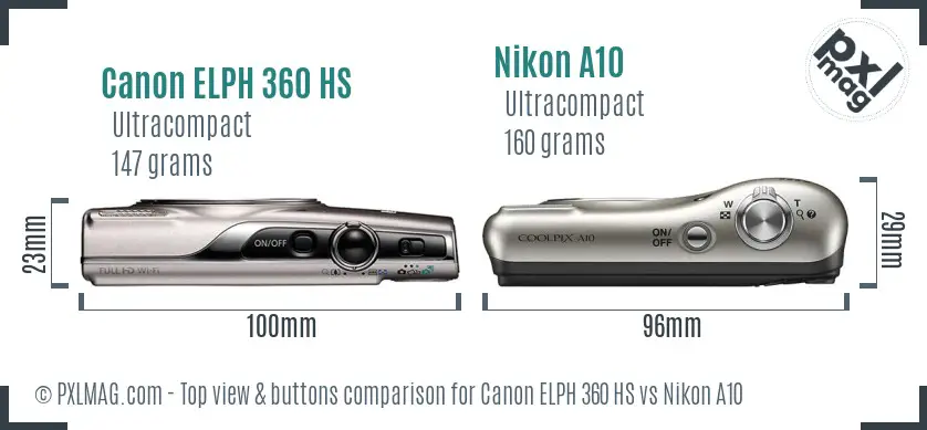 Canon ELPH 360 HS vs Nikon A10 top view buttons comparison