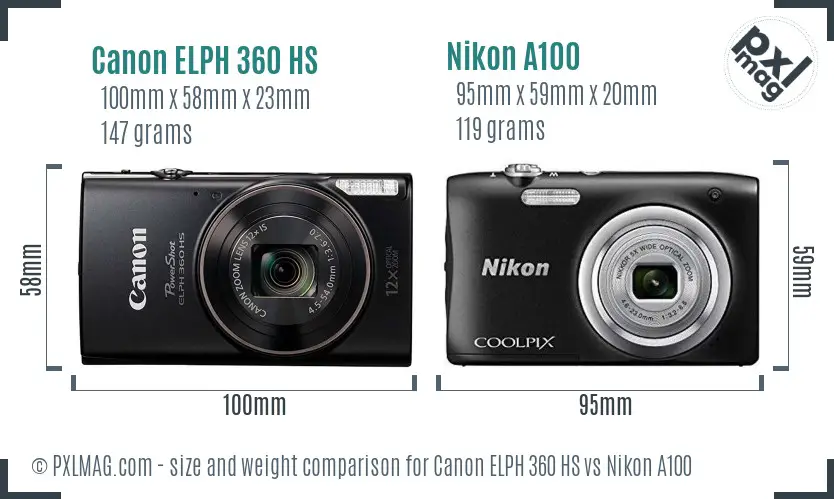 Canon ELPH 360 HS vs Nikon A100 size comparison