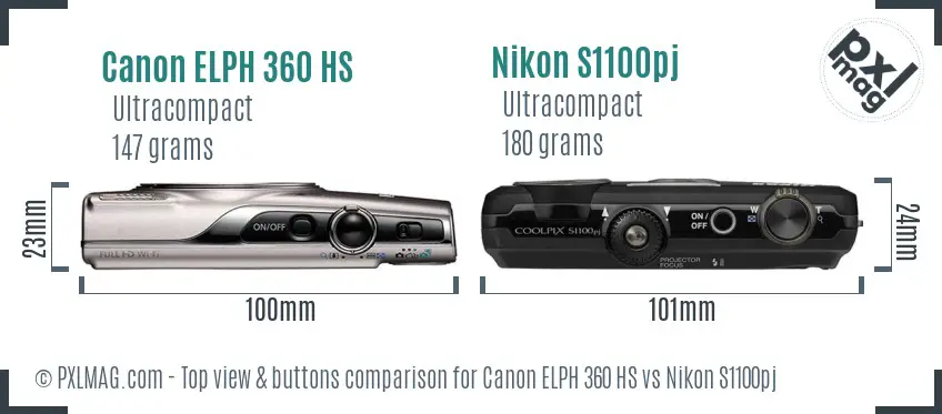 Canon ELPH 360 HS vs Nikon S1100pj top view buttons comparison