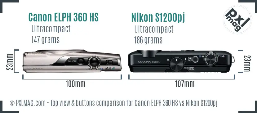 Canon ELPH 360 HS vs Nikon S1200pj top view buttons comparison