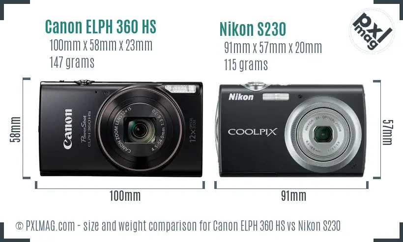 Canon ELPH 360 HS vs Nikon S230 size comparison