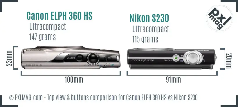 Canon ELPH 360 HS vs Nikon S230 top view buttons comparison