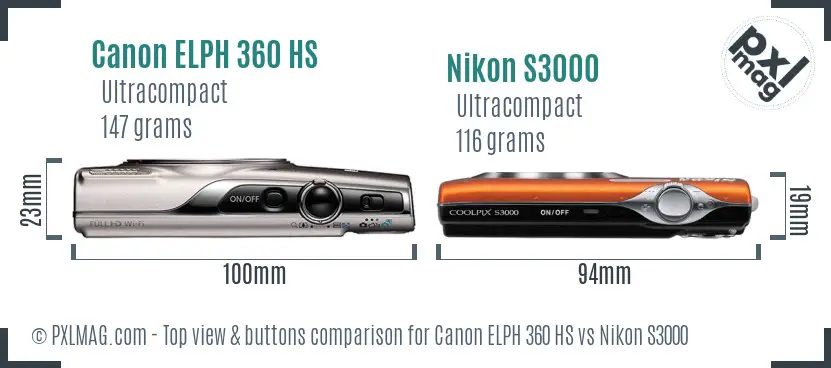 Canon ELPH 360 HS vs Nikon S3000 top view buttons comparison