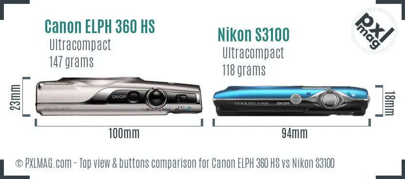 Canon ELPH 360 HS vs Nikon S3100 top view buttons comparison