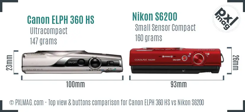 Canon ELPH 360 HS vs Nikon S6200 top view buttons comparison