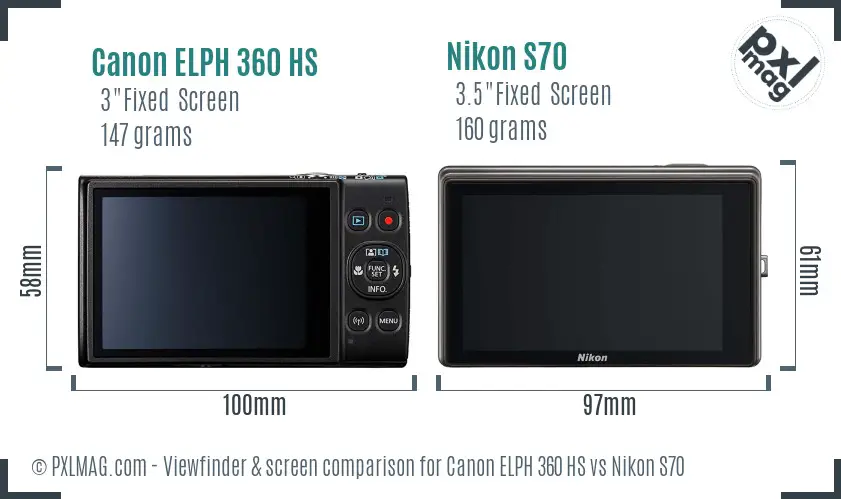 Canon ELPH 360 HS vs Nikon S70 Screen and Viewfinder comparison