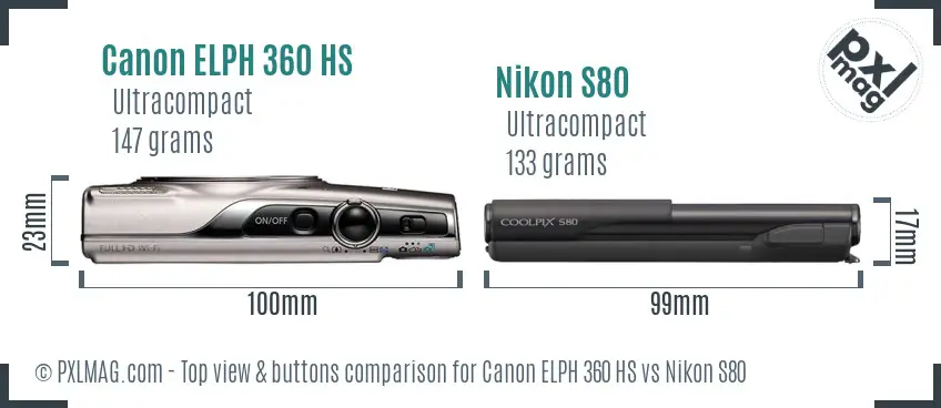 Canon ELPH 360 HS vs Nikon S80 top view buttons comparison