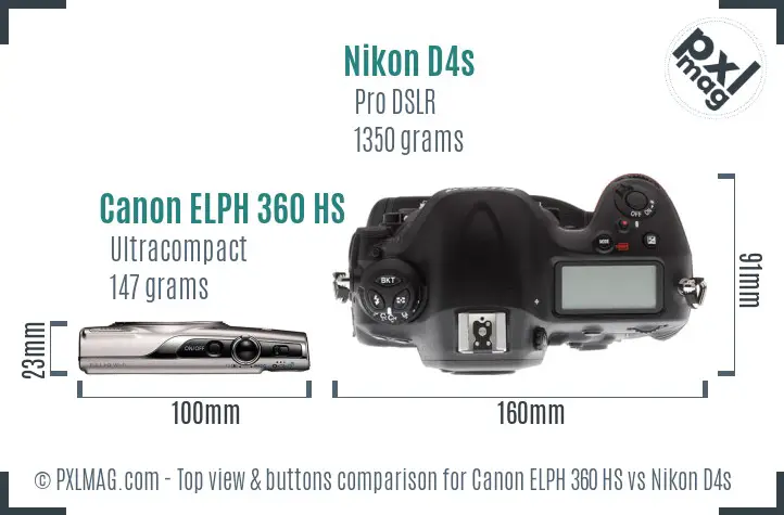 Canon ELPH 360 HS vs Nikon D4s top view buttons comparison