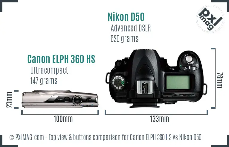 Canon ELPH 360 HS vs Nikon D50 top view buttons comparison