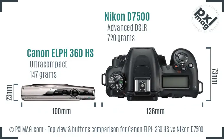 Canon ELPH 360 HS vs Nikon D7500 top view buttons comparison