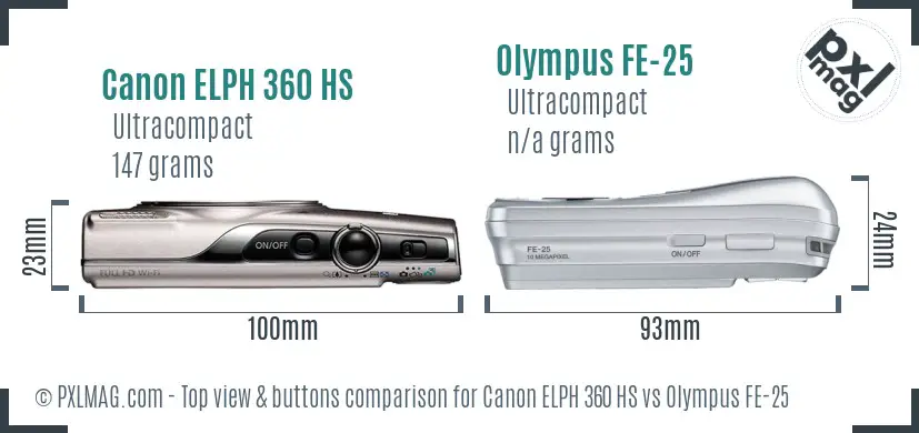 Canon ELPH 360 HS vs Olympus FE-25 top view buttons comparison