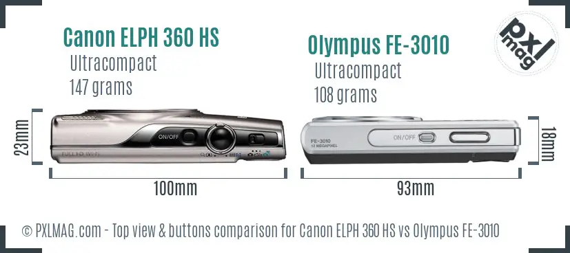 Canon ELPH 360 HS vs Olympus FE-3010 top view buttons comparison