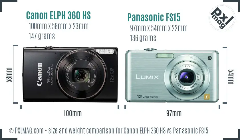 Canon ELPH 360 HS vs Panasonic FS15 size comparison