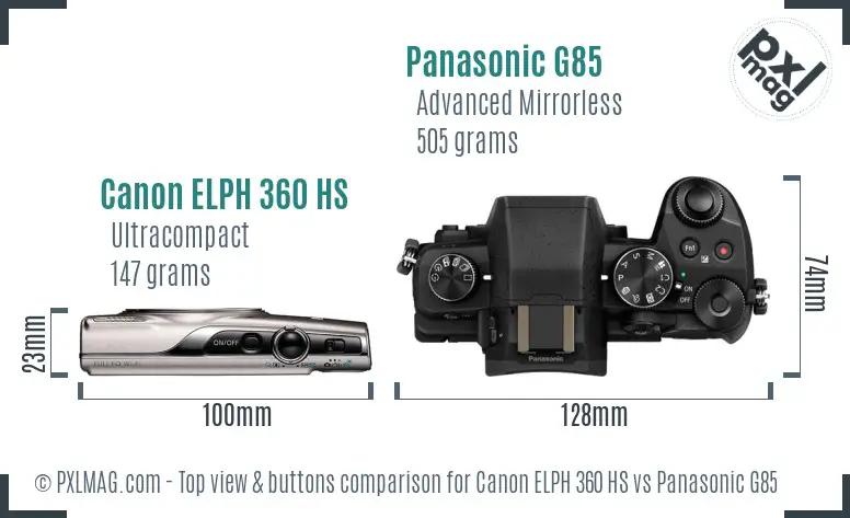 Canon ELPH 360 HS vs Panasonic G85 top view buttons comparison Canon ELPH 360 HS vs Panasonic G85 top view buttons comparison