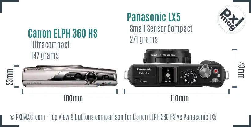 Canon ELPH 360 HS vs Panasonic LX5 top view buttons comparison