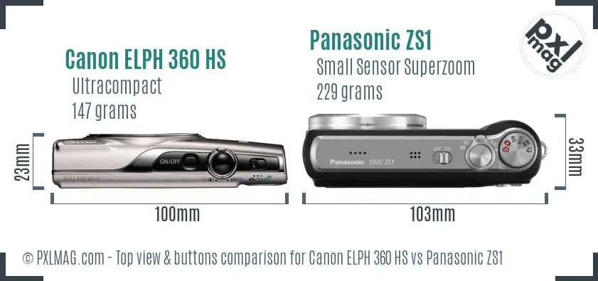 Canon ELPH 360 HS vs Panasonic ZS1 top view buttons comparison