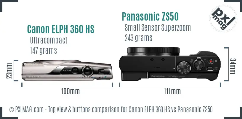 Canon ELPH 360 HS vs Panasonic ZS50 top view buttons comparison