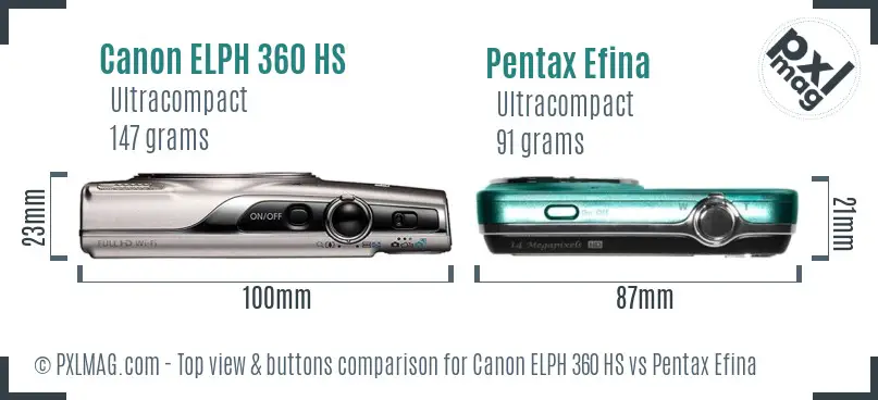 Canon ELPH 360 HS vs Pentax Efina top view buttons comparison