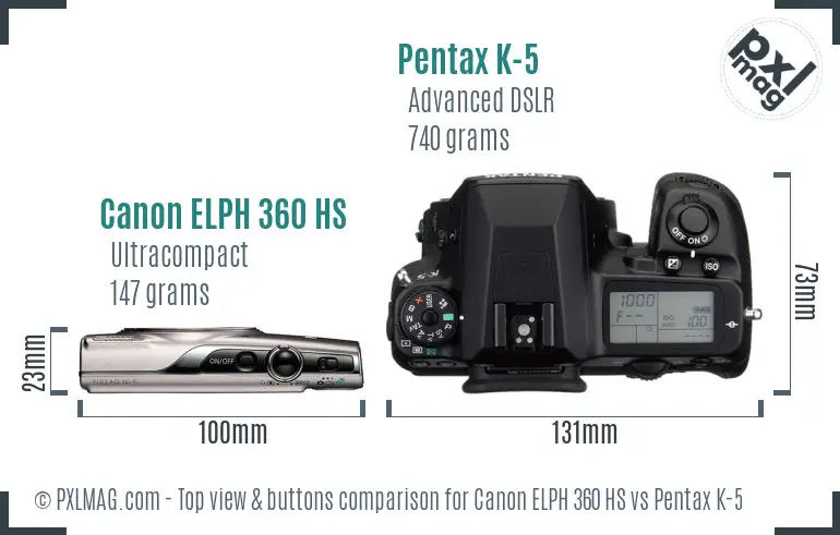 Canon ELPH 360 HS vs Pentax K-5 top view buttons comparison