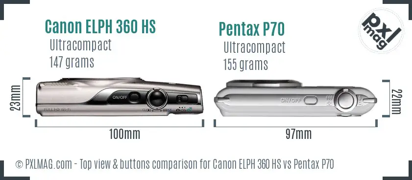Canon ELPH 360 HS vs Pentax P70 top view buttons comparison