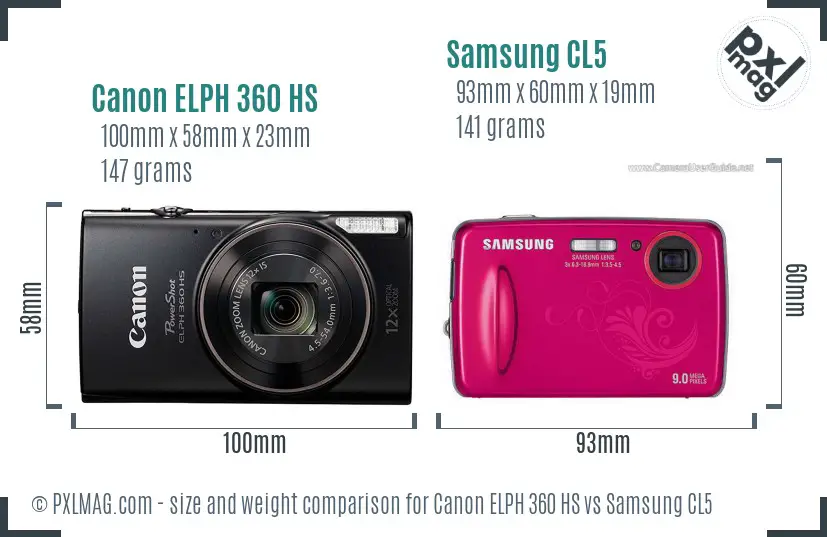 Canon ELPH 360 HS vs Samsung CL5 size comparison