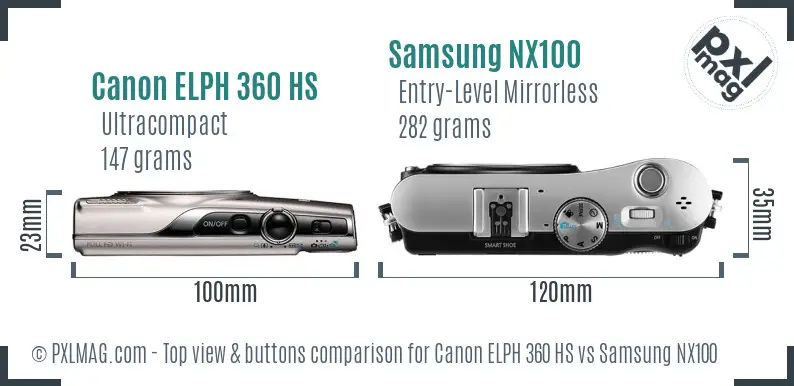 Canon ELPH 360 HS vs Samsung NX100 top view buttons comparison
