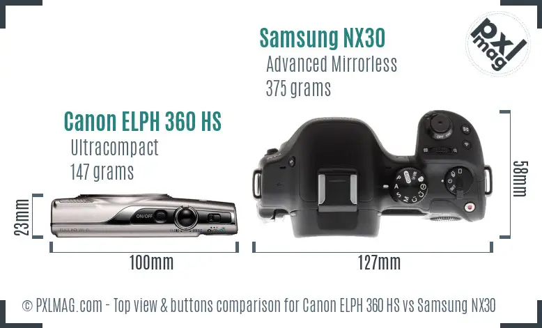 Canon ELPH 360 HS vs Samsung NX30 top view buttons comparison
