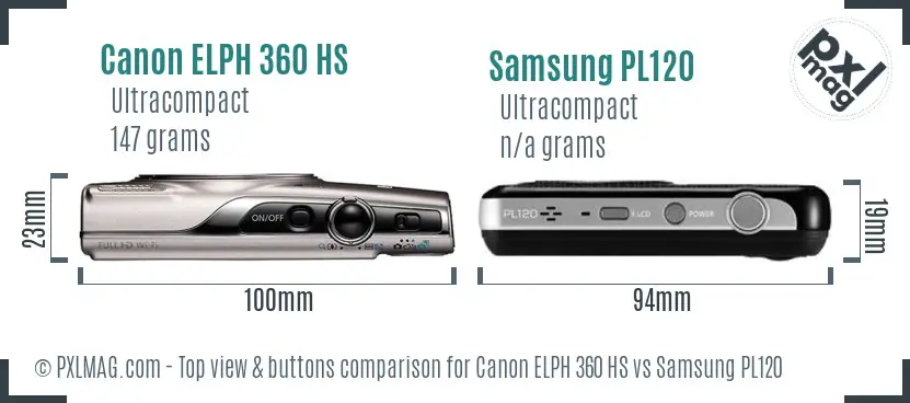 Canon ELPH 360 HS vs Samsung PL120 top view buttons comparison Canon ELPH 360 HS vs Samsung PL120 top view buttons comparison