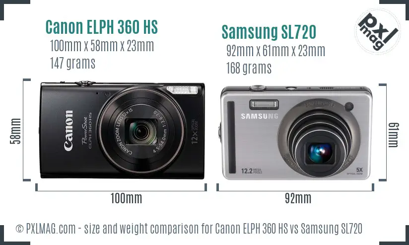 Canon ELPH 360 HS vs Samsung SL720 size comparison