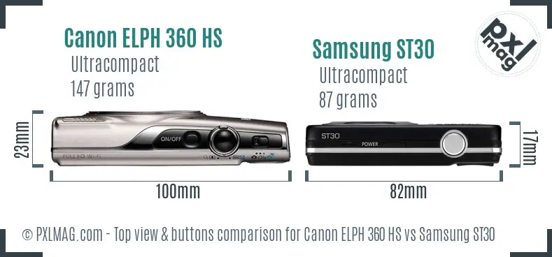 Canon ELPH 360 HS vs Samsung ST30 top view buttons comparison