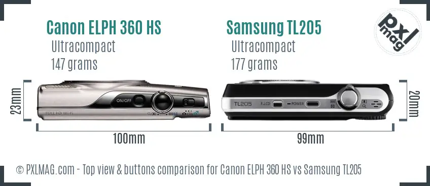 Canon ELPH 360 HS vs Samsung TL205 top view buttons comparison