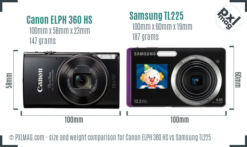 Canon ELPH 360 HS vs Samsung TL225 size comparison