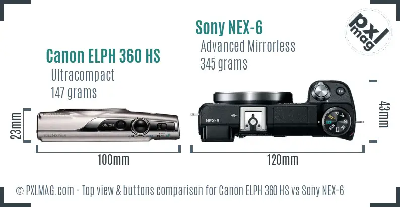 Canon ELPH 360 HS vs Sony NEX-6 top view buttons comparison
