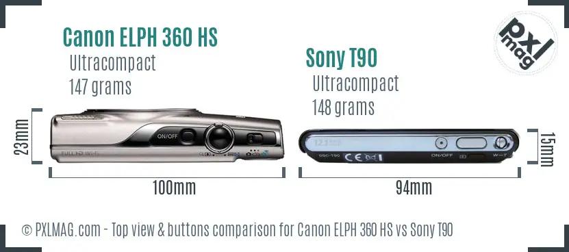 Canon ELPH 360 HS vs Sony T90 top view buttons comparison