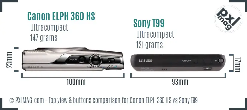Canon ELPH 360 HS vs Sony T99 top view buttons comparison