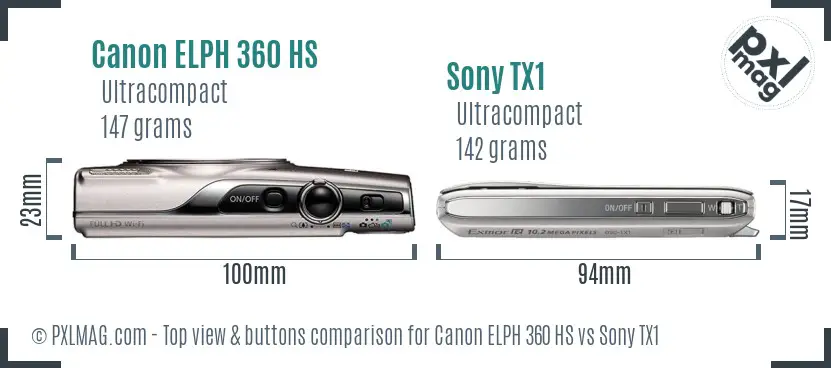 Canon ELPH 360 HS vs Sony TX1 top view buttons comparison