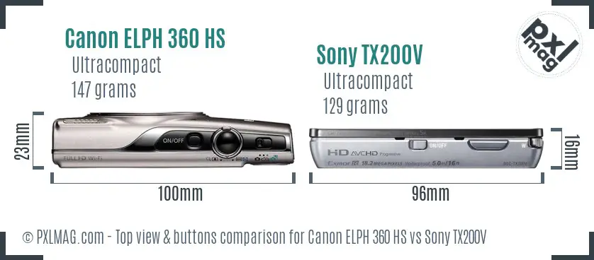 Canon ELPH 360 HS vs Sony TX200V top view buttons comparison