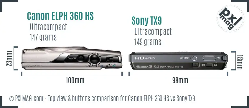 Canon ELPH 360 HS vs Sony TX9 top view buttons comparison