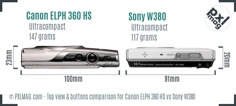 Canon ELPH 360 HS vs Sony W380 top view buttons comparison