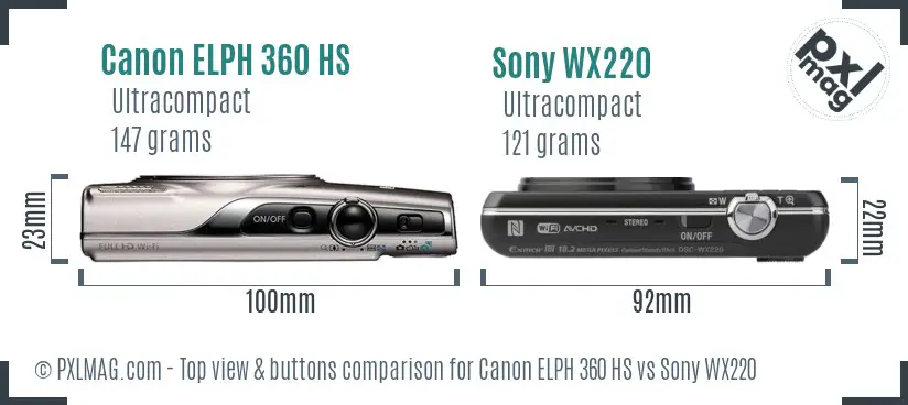 Canon ELPH 360 HS vs Sony WX220 top view buttons comparison
