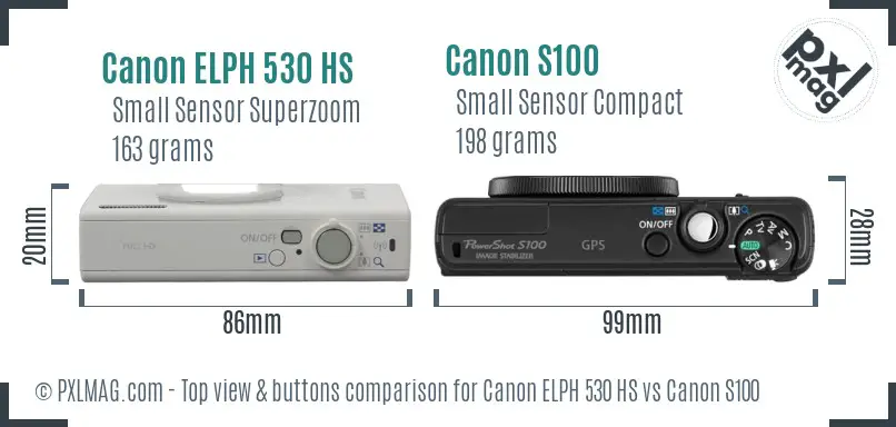 Canon ELPH 530 HS vs Canon S100 top view buttons comparison Canon ELPH 530 HS vs Canon S100 top view buttons comparison