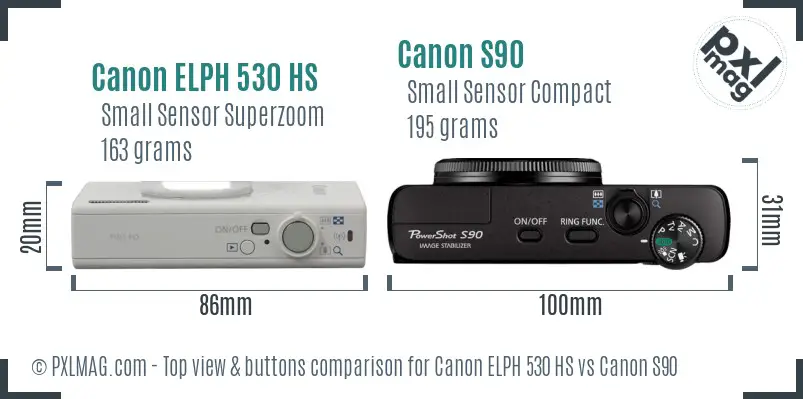 Canon ELPH 530 HS vs Canon S90 top view buttons comparison