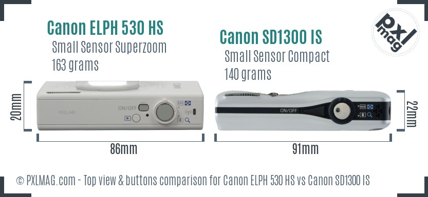 Canon ELPH 530 HS vs Canon SD1300 IS top view buttons comparison