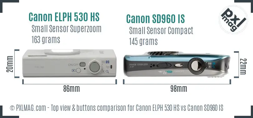 Canon ELPH 530 HS vs Canon SD960 IS top view buttons comparison