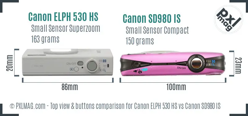 Canon ELPH 530 HS vs Canon SD980 IS top view buttons comparison