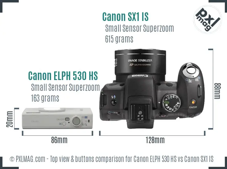 Canon ELPH 530 HS vs Canon SX1 IS top view buttons comparison