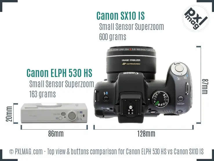 Canon ELPH 530 HS vs Canon SX10 IS top view buttons comparison